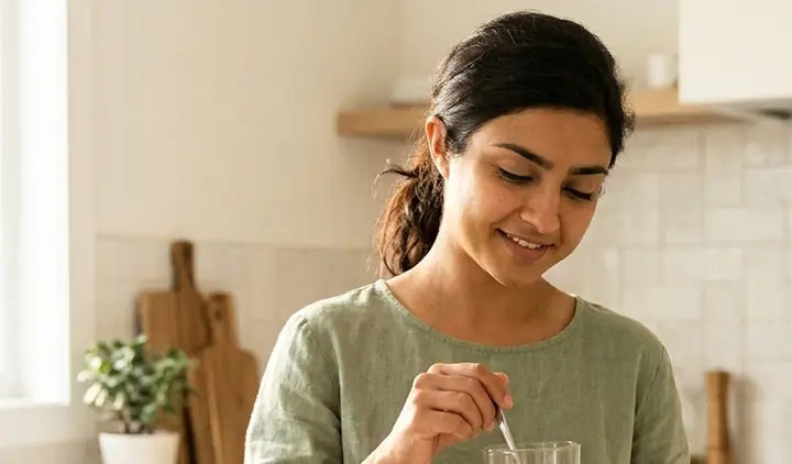 A woman stirring a glass in a bright kitchen
